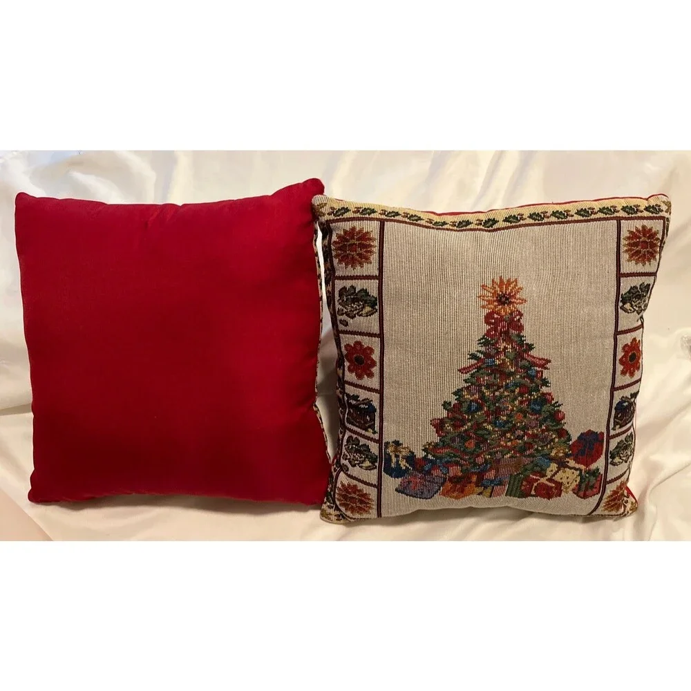 Vintage Tapestry Pillows Christmas tree with presents Square  12”x12”x4” (2)